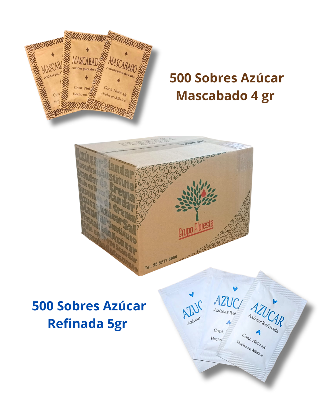COMBO AZÚCAR 4 G: 500 MASCABADO+ 500 REFINADA (1000 Pzs)